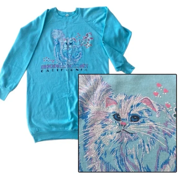 Vintage Cat Lover’s 80s Longline Sweatshirt Dress Grannycore Size L estimated - Picture 1 of 6